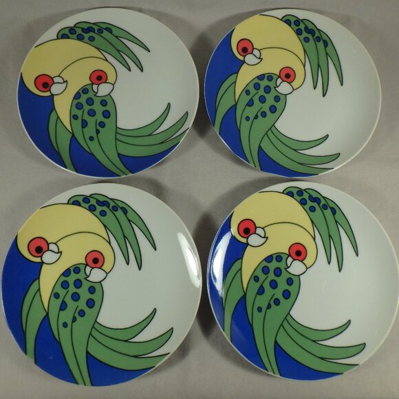 4 Fitz & Floyd Variations Parrots Birds 7" Salad Dessert Plates Dish Japan 1974 - Picture 1 of 6